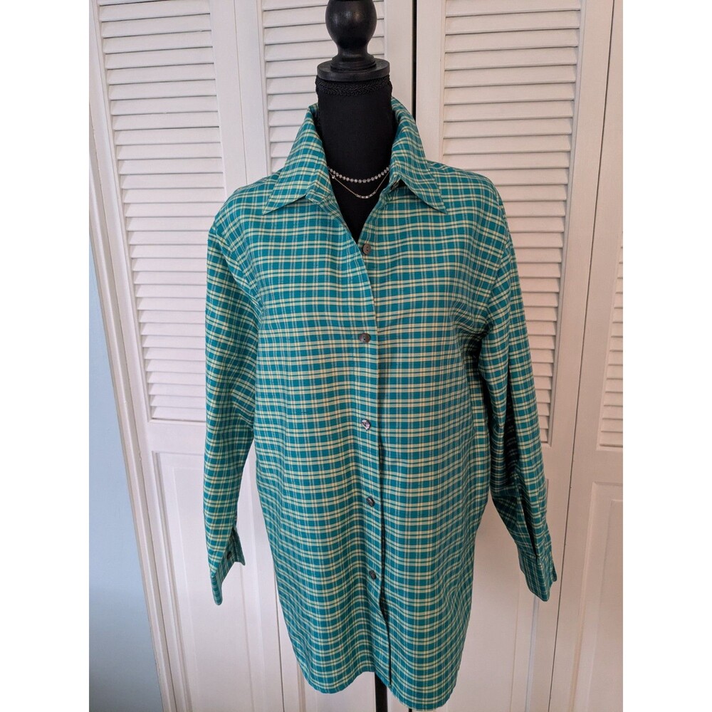 Lord & Taylor Shirt Womens L Aqua Yellow 100% Silk Check Colorful Artsy Elegant